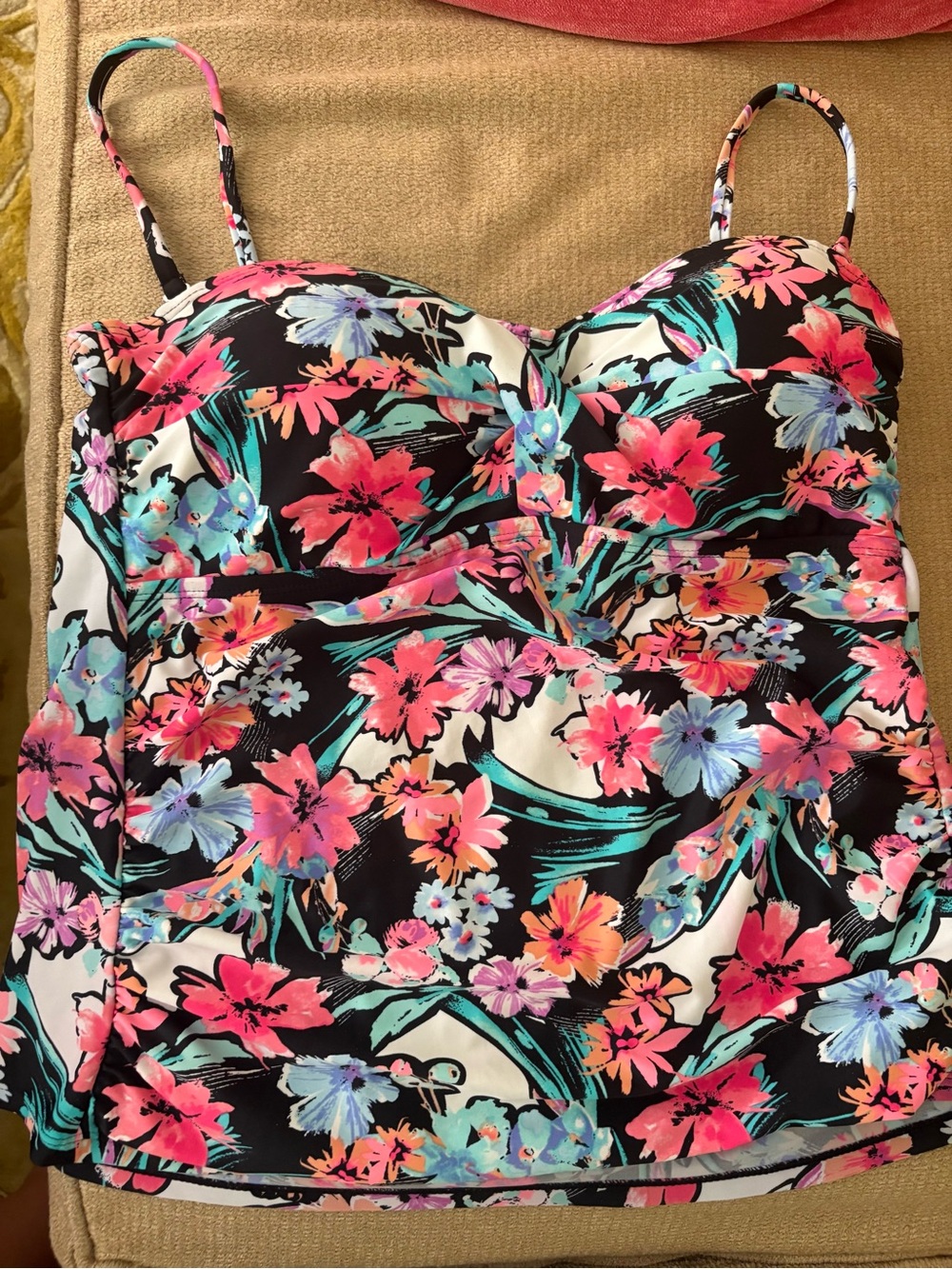 Tropical Floral Tankini Top - Black Background with Bright Pink & Teal Flowers